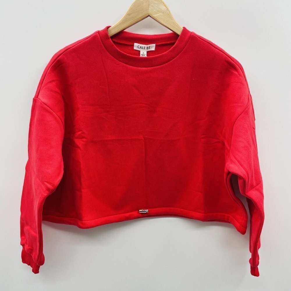 Cali Be Womens Size Small Crew Neck Cropped Cinch Fleece Sweatshirt in Red